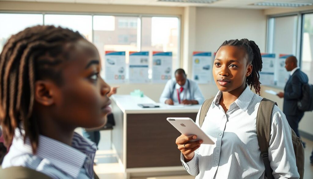 A busy driver's test appointment scene at a South African licensing office. In the foreground, a young adult wearing smart casual attire scans their ID with a look of anticipation. In the middle ground, a reception desk is visible, where a professional staff member organizes paperwork and prepares a test schedule. They are engaged with another applicant, creating a sense of activity. The background showcases a bright, welcoming waiting area with informative posters about driving rules and regulations. The lighting is natural, streaming through large windows, creating a warm atmosphere. Use a slight depth of field to focus on the anticipation of the applicants while softly blurring the background. The overall mood is one of nervous excitement, capturing the essence of what to expect on a driver's test day.