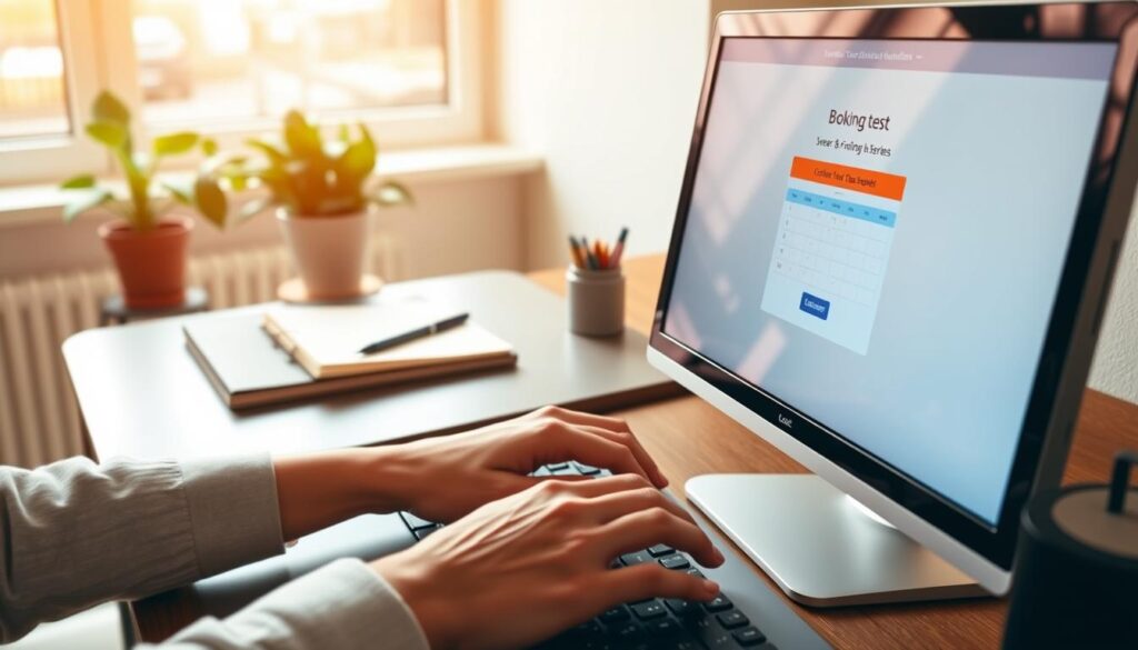 A serene and organized scene depicting a computer screen displaying a secure online booking interface for a driver's test. In the foreground, a pair of hands are shown gently typing on a sleek keyboard, with the screen clearly showing a colorful, user-friendly calendar and confirmation message. In the middle, an inviting workspace is visible, complete with a notepad, a pen, and a potted plant, suggesting a calm atmosphere. In the background, a softly blurred out window reveals a bright day outside, enhancing the sense of productive energy. The lighting is warm and natural, creating an optimistic mood. Capture the image with a slightly elevated angle to include both the workspace and the screen prominently.